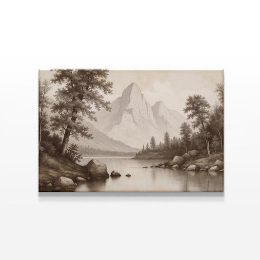 Minimalist presentation of a sepia mountain and lake landscape canvas. Perfect for adding a vintage and nature-inspired touch to home décor.