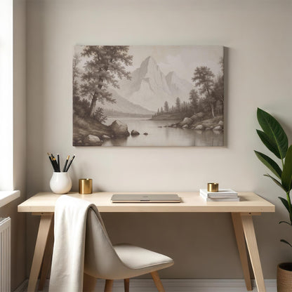 Elegant workspace with a sepia mountain landscape canvas above a desk. A peaceful, nature-inspired art piece that enhances a calming and productive environment.