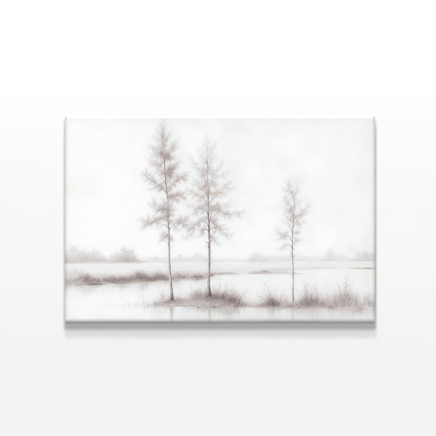 A close-up digital rendering of a monochrome tree landscape canvas print. The soft gray tones and delicate detailing create a timeless and elegant wall art piece suited for minimalist or modern interiors.