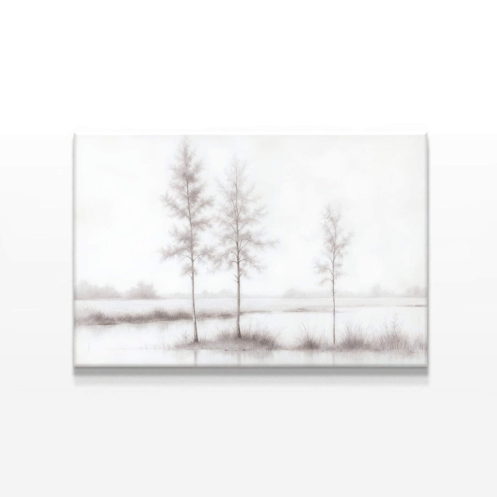 A close-up digital rendering of a monochrome tree landscape canvas print. The soft gray tones and delicate detailing create a timeless and elegant wall art piece suited for minimalist or modern interiors.