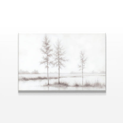 A close-up digital rendering of a monochrome tree landscape canvas print. The soft gray tones and delicate detailing create a timeless and elegant wall art piece suited for minimalist or modern interiors.