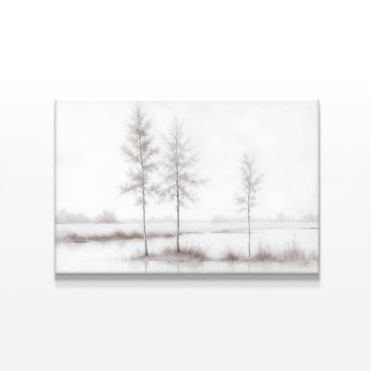 A close-up digital rendering of a monochrome tree landscape canvas print. The soft gray tones and delicate detailing create a timeless and elegant wall art piece suited for minimalist or modern interiors.
