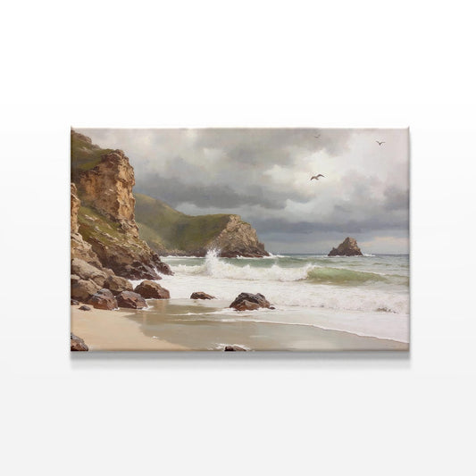 A high-quality coastal canvas print depicting waves crashing against the shore, surrounded by cliffs and an overcast sky. The artwork is presented on a white background, highlighting its detailed brushstrokes and oceanic hues.