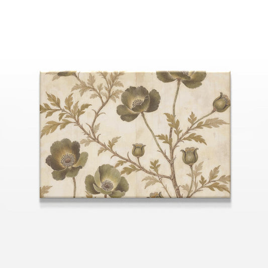 A close-up of a floral canvas print showcasing intricate botanical details with soft green flowers and antique-inspired beige tones. The design has a timeless aesthetic, making it perfect for classic and contemporary interiors.