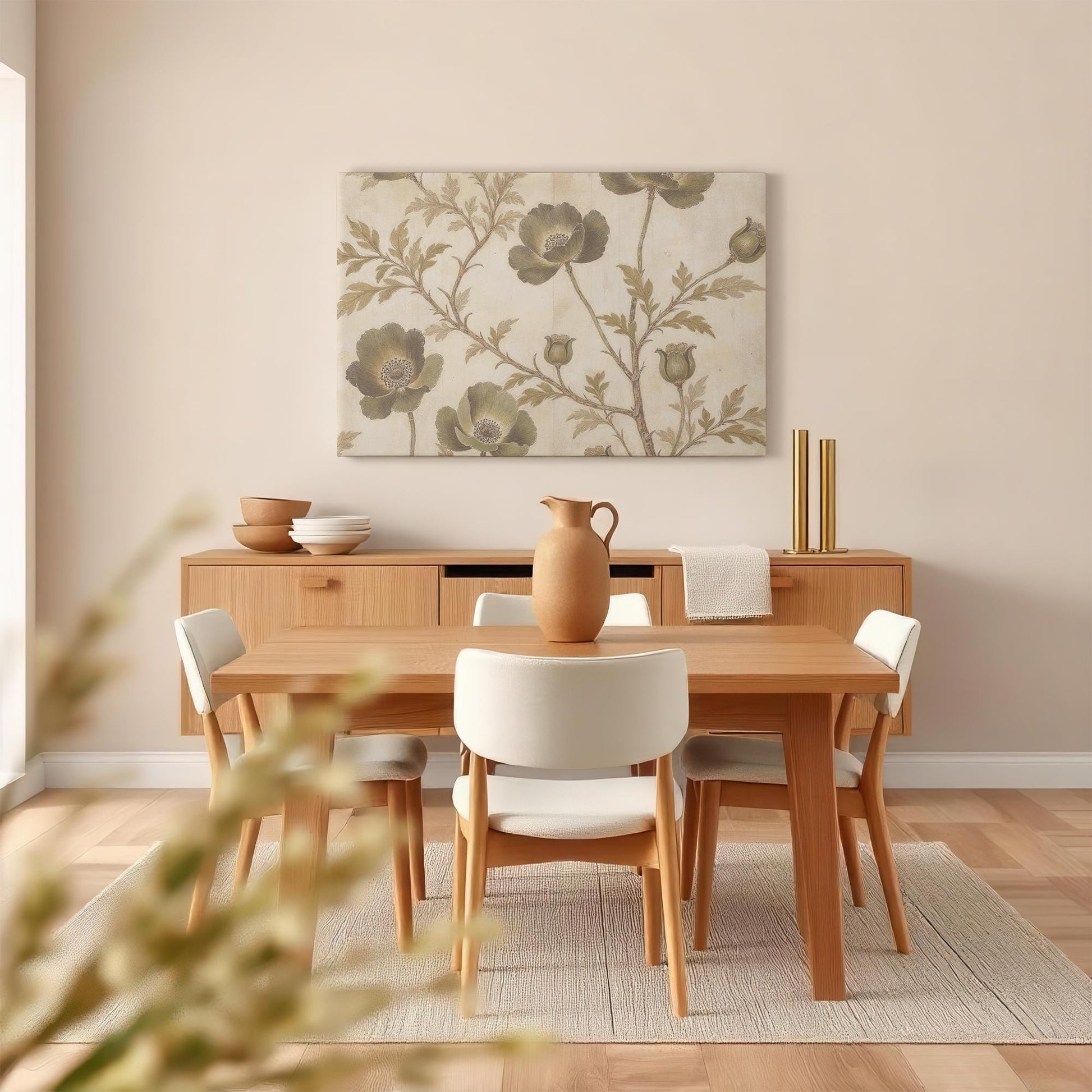 A vintage botanical canvas print hangs above a wooden dining table in a neutral-toned dining space. Earthy decor elements, including ceramic dishes and a terracotta vase, complement the artwork’s muted green and beige tones