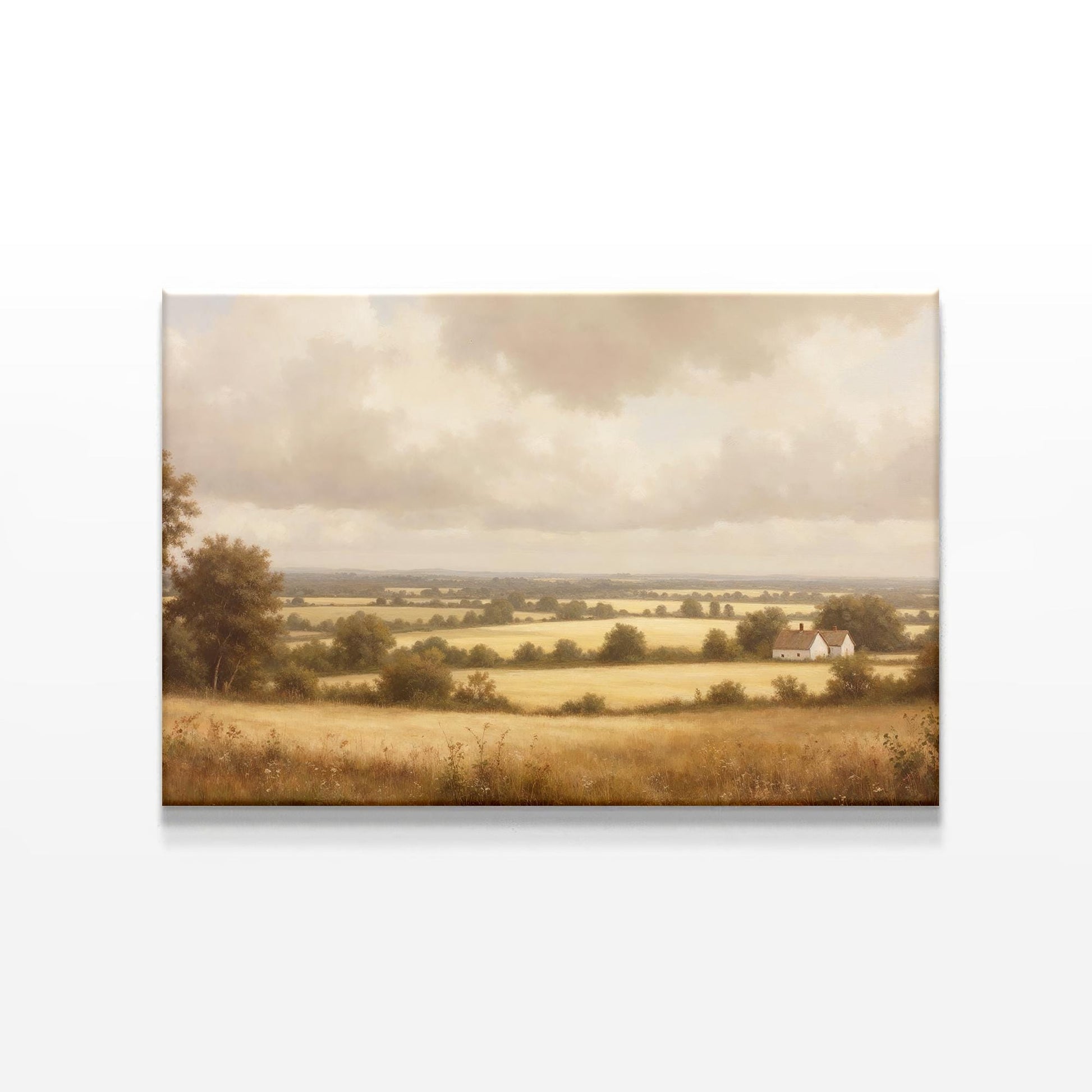 A countryside landscape canvas print featuring golden fields, scattered trees, and a quaint white farmhouse under a soft cloudy sky. The artwork has a warm, vintage aesthetic with a muted color palette.