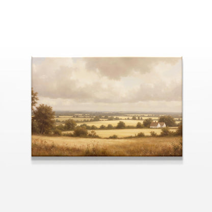 A countryside landscape canvas print featuring golden fields, scattered trees, and a quaint white farmhouse under a soft cloudy sky. The artwork has a warm, vintage aesthetic with a muted color palette.