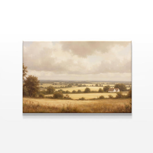 A countryside landscape canvas print featuring golden fields, scattered trees, and a quaint white farmhouse under a soft cloudy sky. The artwork has a warm, vintage aesthetic with a muted color palette.