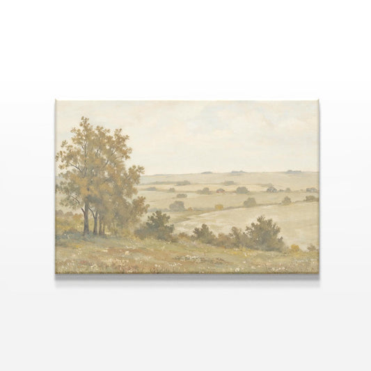 A serene countryside painting featuring rolling hills, scattered trees, and small cottages in the distance. The muted earth tones and soft brushstrokes create a peaceful and timeless landscape.