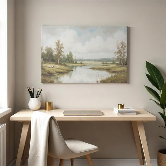 A serene landscape canvas print featuring a peaceful river and lush greenery hangs above a minimalist wooden desk. A beige chair, neutral decor, and a small potted plant create a tranquil workspace with natural tones.