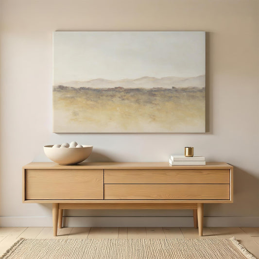 A modern sideboard with a minimalist canvas above it, displaying a soft, abstract landscape in neutral tones. A bowl of decorative stones and stacked books complement the clean, earthy aesthetic.