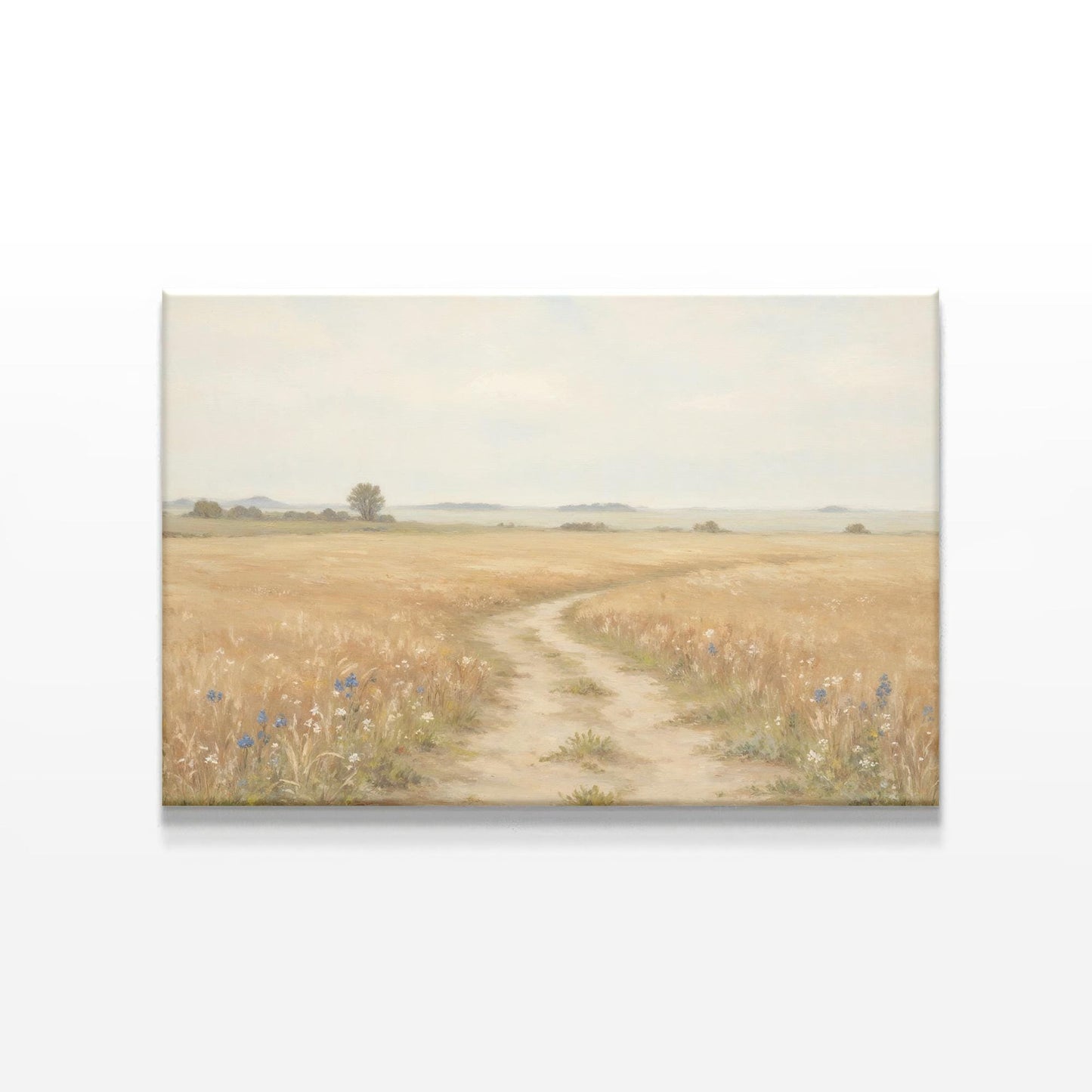 Canvas wall art featuring a peaceful wheat field landscape with a winding dirt path, delicate wildflowers, and soft neutral tones. Ideal for rustic farmhouse or country-inspired home decor.