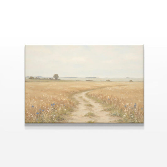 Canvas wall art featuring a peaceful wheat field landscape with a winding dirt path, delicate wildflowers, and soft neutral tones. Ideal for rustic farmhouse or country-inspired home decor.