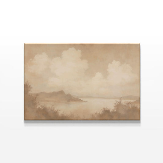 Vintage-inspired landscape canvas print with soft clouds, muted earthy tones, and a tranquil lake scene. Ideal for farmhouse, minimalist, and rustic wall decor.