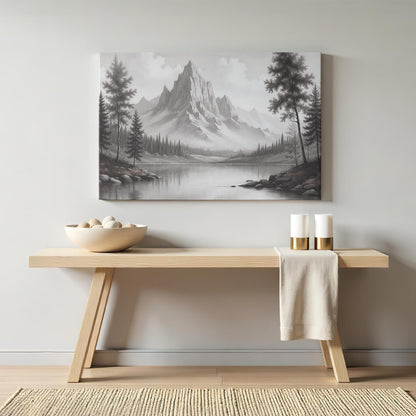 Monochrome mountain lake wall art styled above a sleek wooden console table with neutral decor, including candles and a woven bowl, creating a cozy yet modern rustic aesthetic in a contemporary living space.