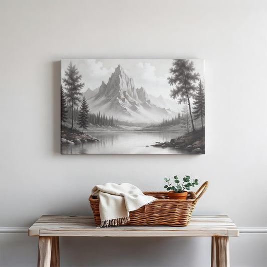 Black and white mountain landscape canvas wall art above a rustic wooden entryway table with a woven basket, cozy throw blanket, and potted plant, creating a warm and inviting farmhouse-inspired decor setting.