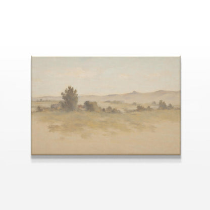 A soft, muted landscape canvas print displayed on a white wall. The artwork features rolling hills and a warm, earthy color palette, enhancing the organic aesthetic of a mid-century modern wooden sideboard below.