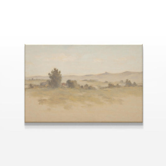 A soft, muted landscape canvas print displayed on a white wall. The artwork features rolling hills and a warm, earthy color palette, enhancing the organic aesthetic of a mid-century modern wooden sideboard below.