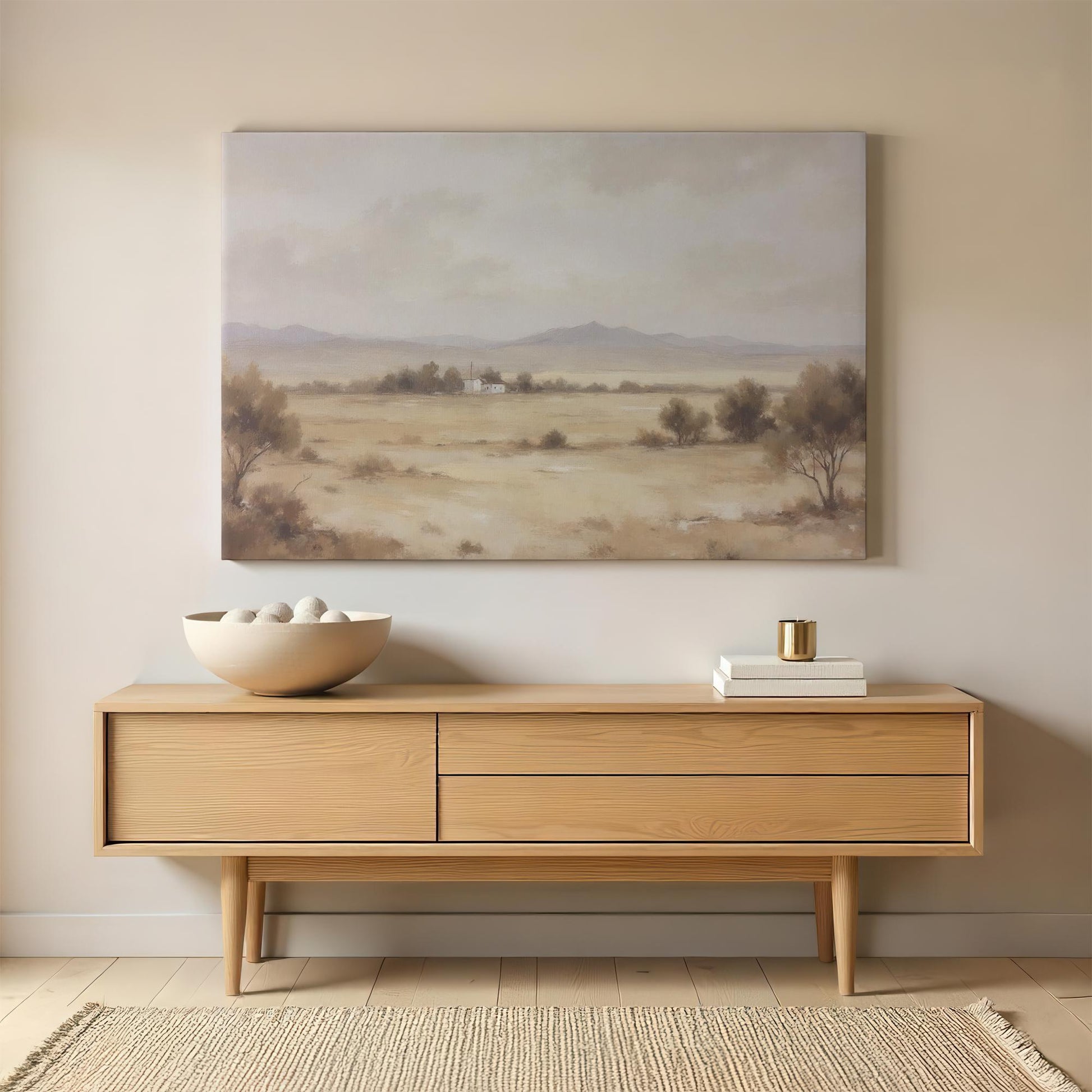 A warm-toned rustic desert landscape canvas with mountains and a farmhouse, elegantly displayed above a mid-century wooden sideboard with minimalist decor, ceramic accents, and a neutral color palette.