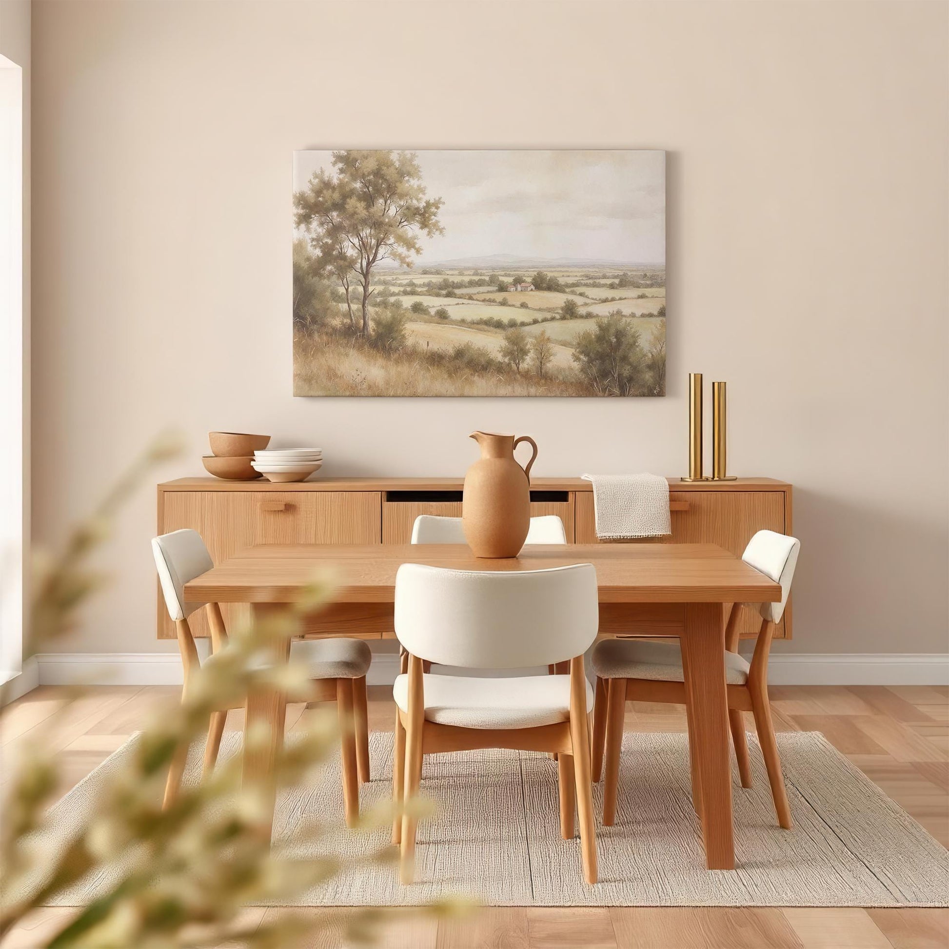 Elegant vintage-style countryside canvas print displayed in a cozy dining room with wooden furniture and neutral tableware. Timeless rural wall art for a warm, inviting dining or kitchen space.