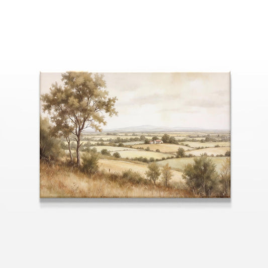 Neutral-toned countryside canvas wall art featuring rolling hills, a farmhouse, and soft trees. Perfect for rustic, farmhouse, or traditional decor styles. Large canvas print for living room, dining room, or bedroom wall decor.