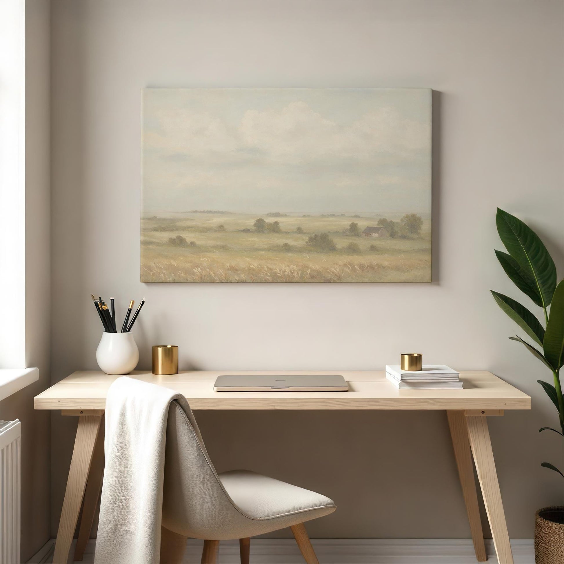Serene countryside wall art displayed above a minimalist wooden desk in a cozy home office. Neutral decor for calm and inspiring workspace styling.