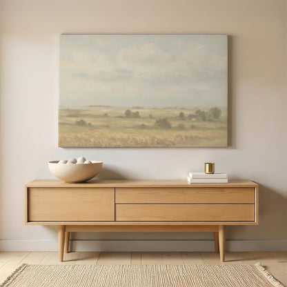 Vintage-style countryside canvas artwork displayed above a modern wood sideboard. Aesthetic wall art for neutral, farmhouse, and minimalist interiors.