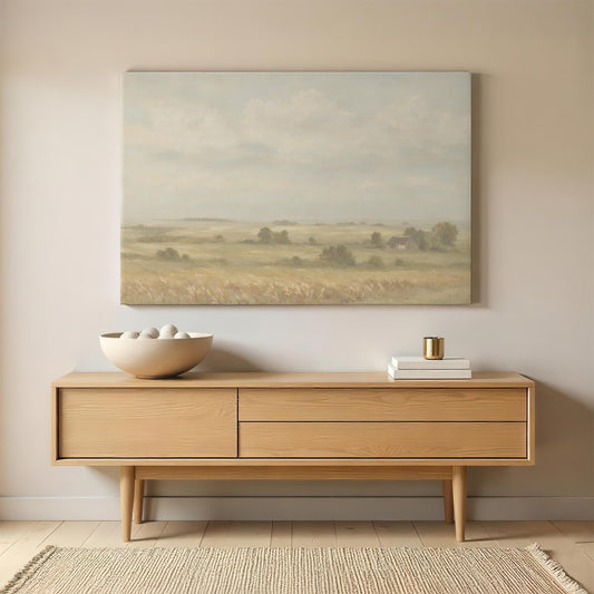 Vintage-style countryside canvas artwork displayed above a modern wood sideboard. Aesthetic wall art for neutral, farmhouse, and minimalist interiors.