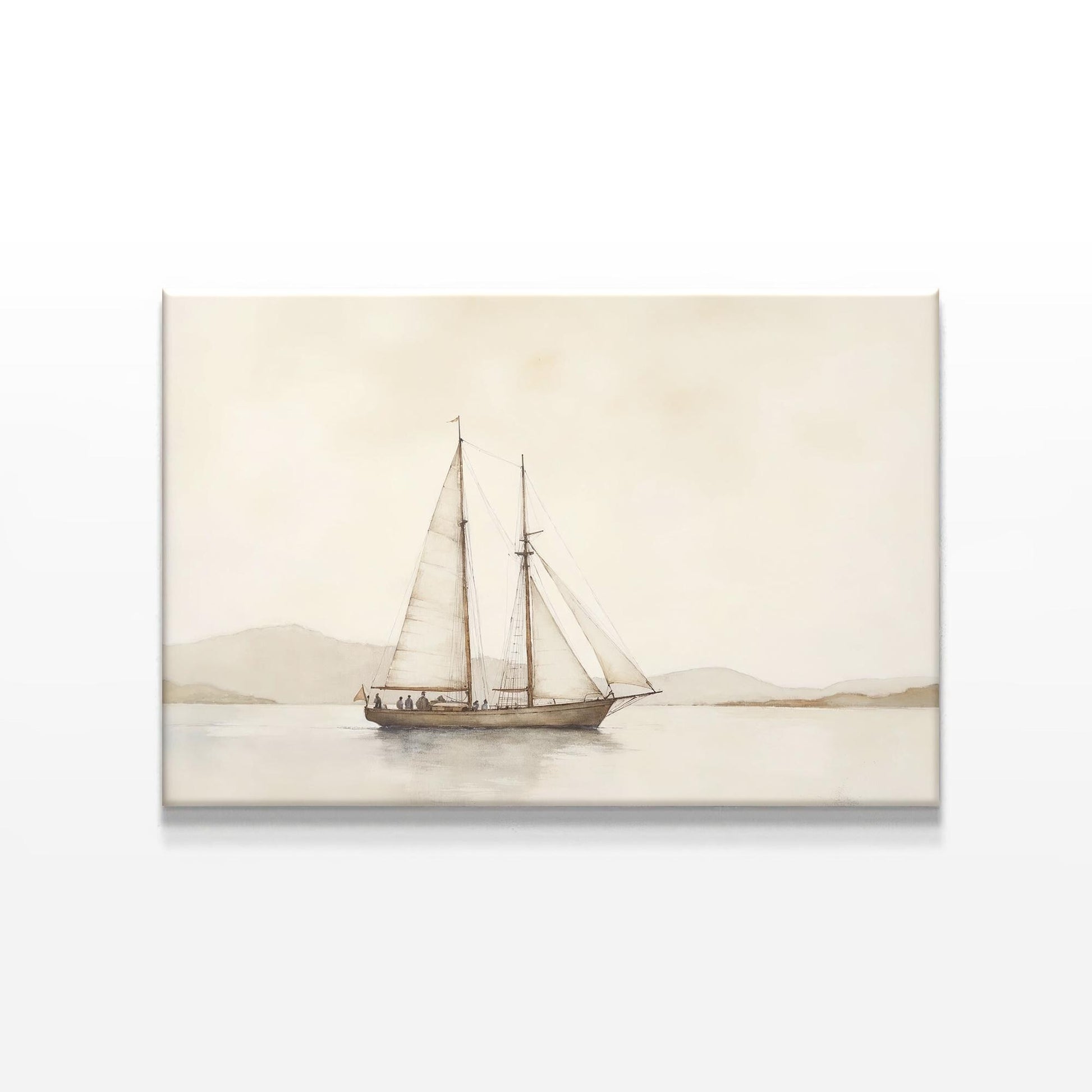 Neutral-toned canvas print of a vintage sailing ship over calm waters, set against a clean white background. A perfect nautical wall art piece for coastal, minimalist, or modern home décor.