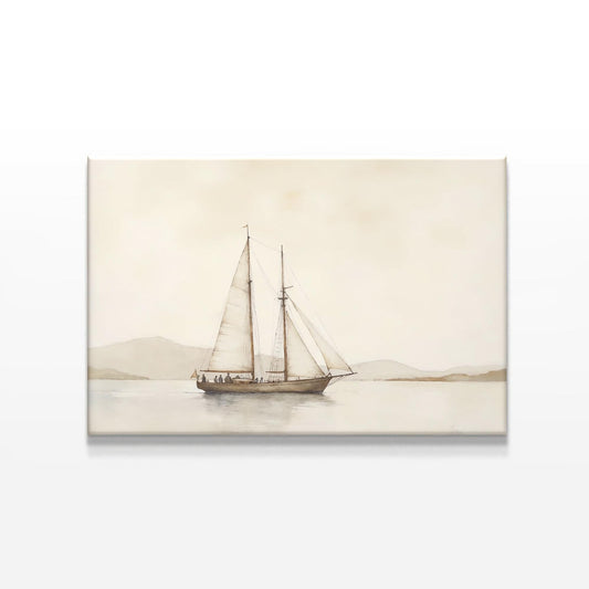 Neutral-toned canvas print of a vintage sailing ship over calm waters, set against a clean white background. A perfect nautical wall art piece for coastal, minimalist, or modern home décor.