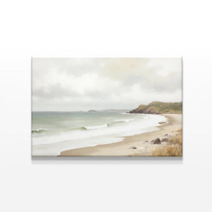 Neutral-toned beach landscape painting with soft waves and rolling hills. Coastal wall decor ideal for modern, minimalist, or coastal home interiors.