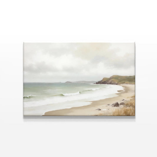 Neutral-toned beach landscape painting with soft waves and rolling hills. Coastal wall decor ideal for modern, minimalist, or coastal home interiors.