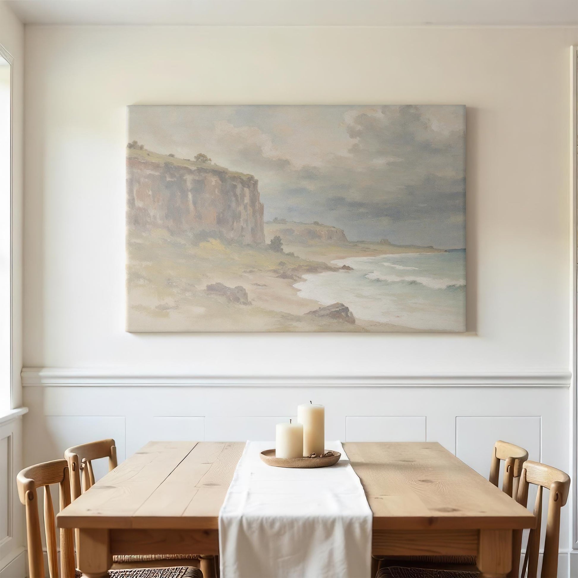 Large Canvas Wall Art | Vintage Landscape Painting Canvas | Peaceful Coastal Print | Neutral Nature Wall Decor | Ocean Canvas Art