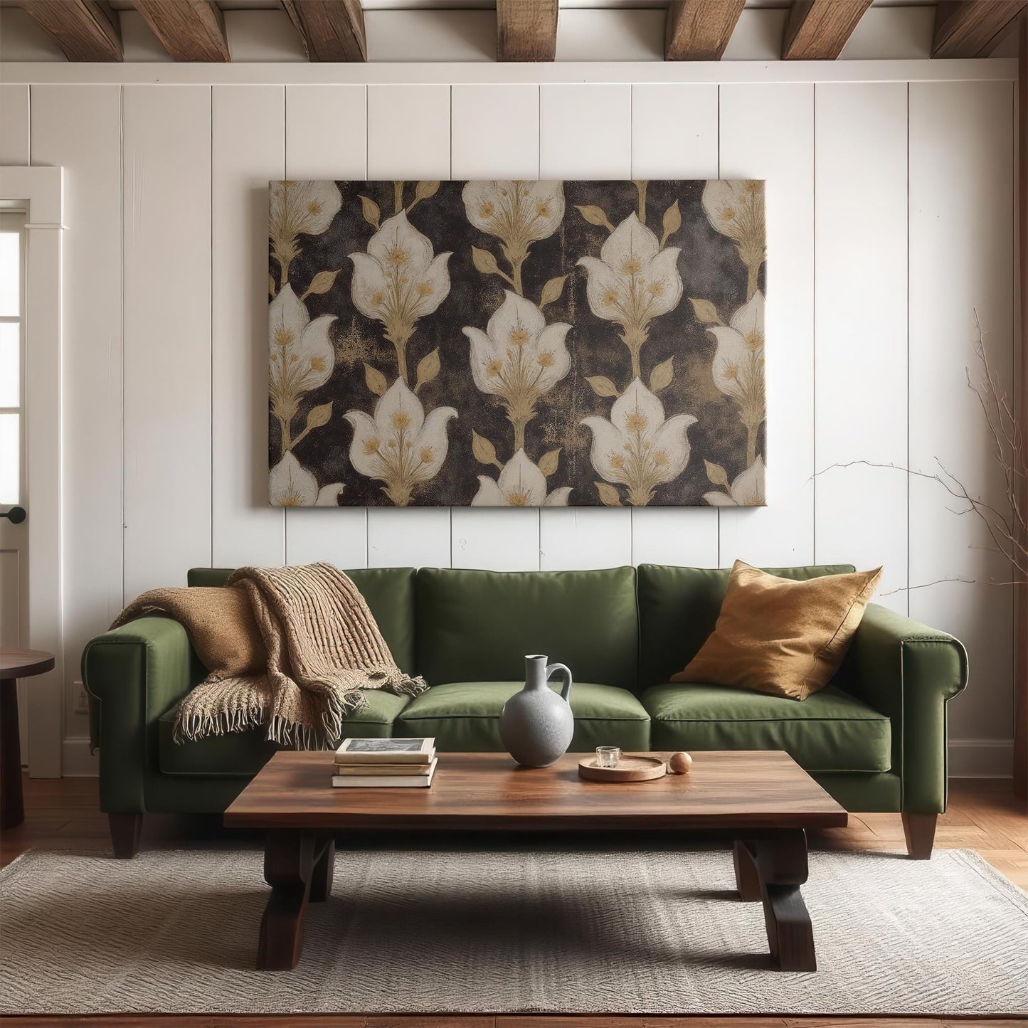 Cozy living room with a dark floral-patterned canvas print, an olive-green sofa, and rustic wooden beams. The vintage-style artwork enhances the inviting, nature-inspired ambiance with warm textures and earthy tones.