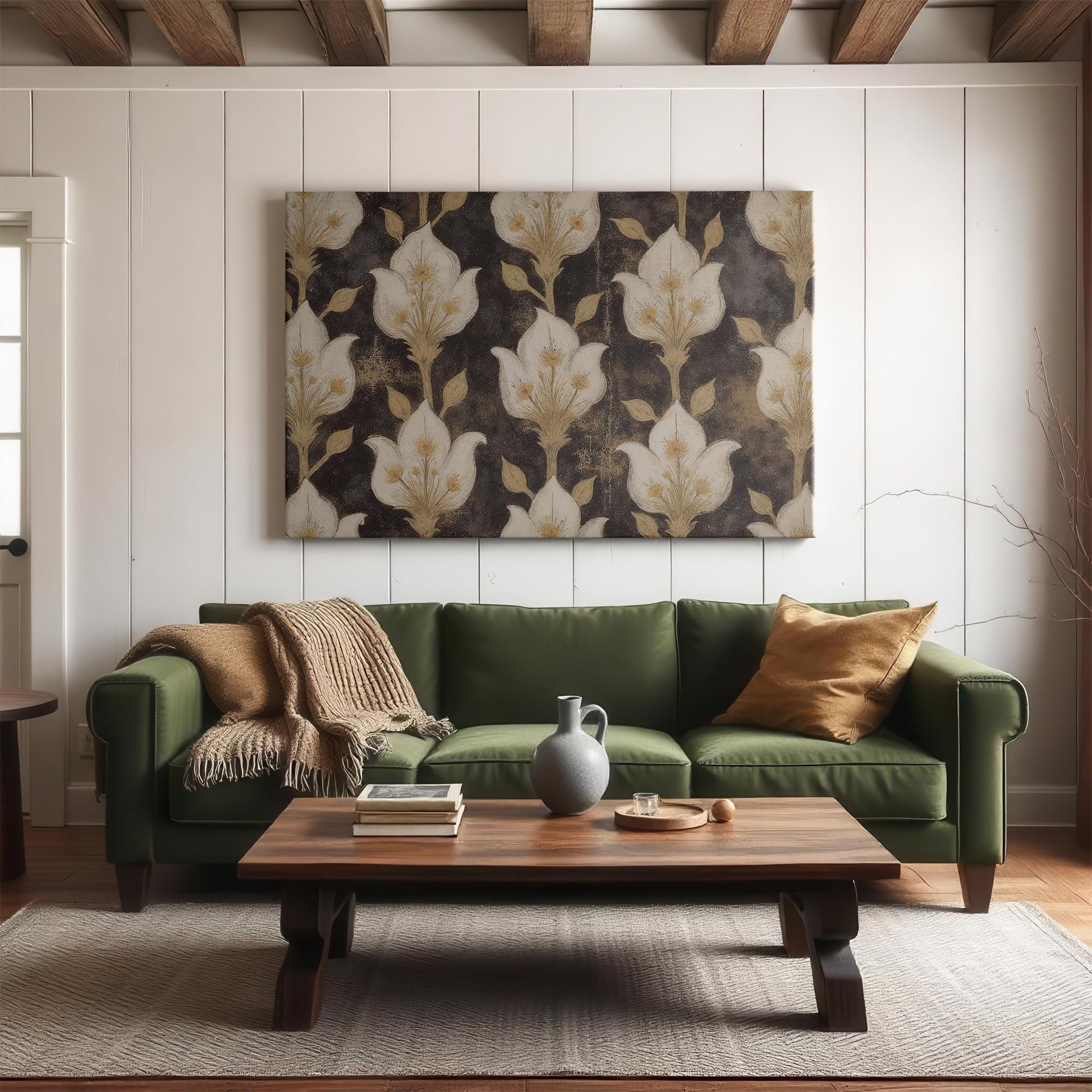 Cozy living room with a dark floral-patterned canvas print, an olive-green sofa, and rustic wooden beams. The vintage-style artwork enhances the inviting, nature-inspired ambiance with warm textures and earthy tones.