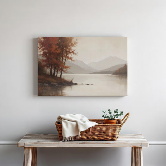 Minimalist room with a wooden table holding a wicker basket, a white throw blanket, and a small potted plant. Above hangs a gallery-wrapped canvas featuring a serene autumn lake scene with mountains and trees, creating a tranquil and cozy atmosphere.