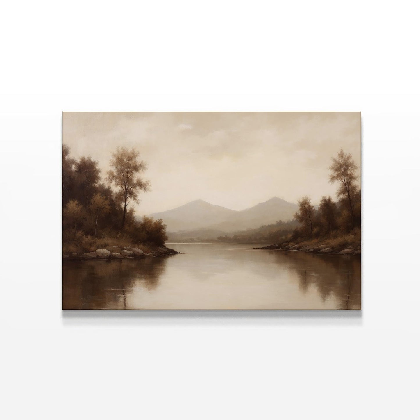 Moody Landscape Wall Art | Serene Lake and Mountain Print | Tranquil Nature Artwork | Peaceful Landscape Decor | Vintage Painting Wall Art