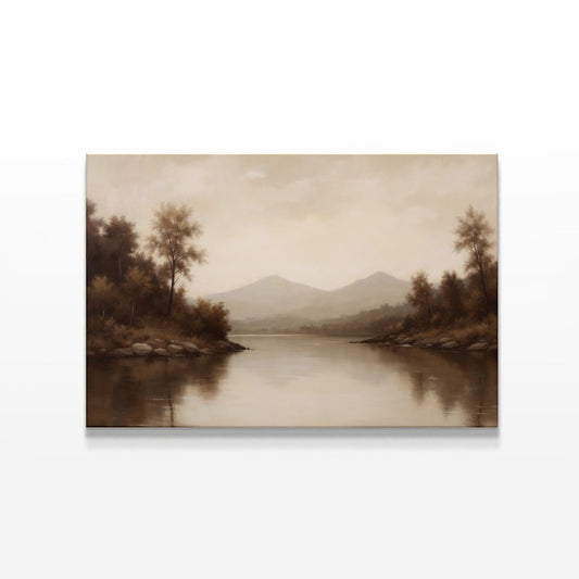 Moody Landscape Wall Art | Serene Lake and Mountain Print | Tranquil Nature Artwork | Peaceful Landscape Decor | Vintage Painting Wall Art