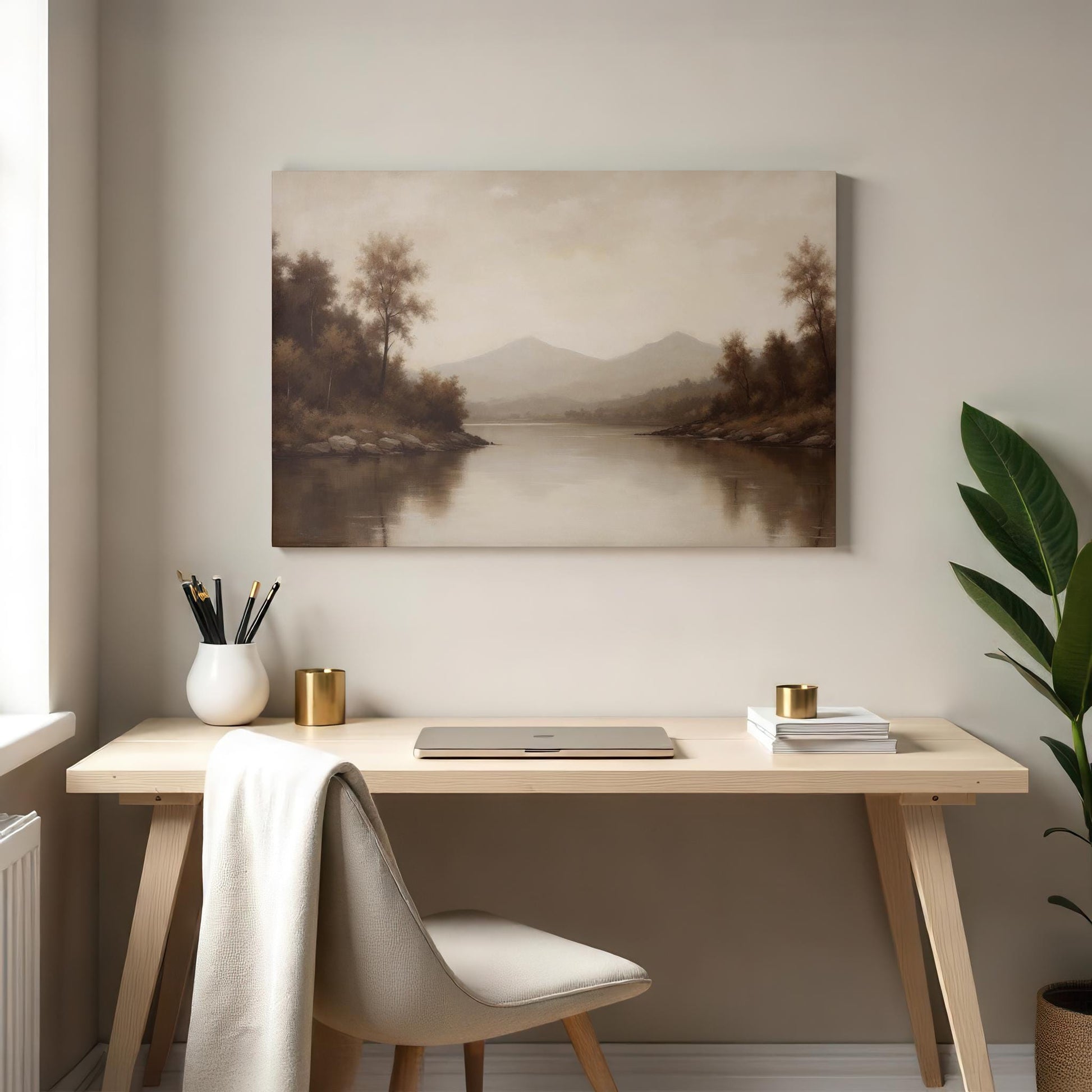 Minimalist workspace featuring a light wood desk, beige chair, and gold-accented decor, including a laptop and a potted plant. Above the desk hangs a gallery-wrapped canvas titled &#39;Silent Reflection,&#39; showcasing a serene lake and mountain scene.