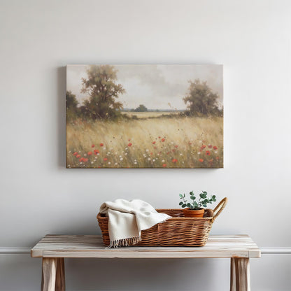 Rustic decor featuring a wooden table with a wicker basket, a white throw blanket, and a small potted plant. Above hangs a gallery-wrapped canvas titled &#39;Golden Meadow,&#39; depicting a serene field of wildflowers and poppies under a soft, cloudy sky.