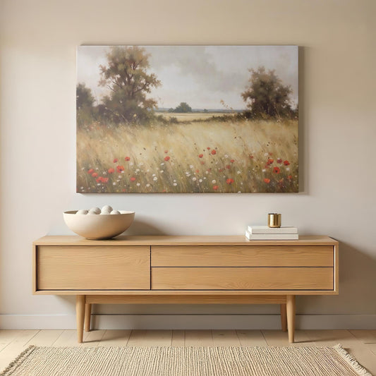 Modern living space with a wooden console table featuring, gold-accented decor, and stacked books. Above hangs a gallery-wrapped canvas titled &#39;Golden Meadow,&#39; showcasing a vibrant wildflower and poppy field in a serene landscape.