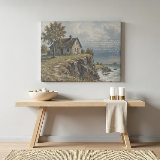 Firm Foundation Canvas | Scripture Wall Art | Matthew 7:25 Print | Christian Decor | House Built on the Rock Artwork | Jesus Art