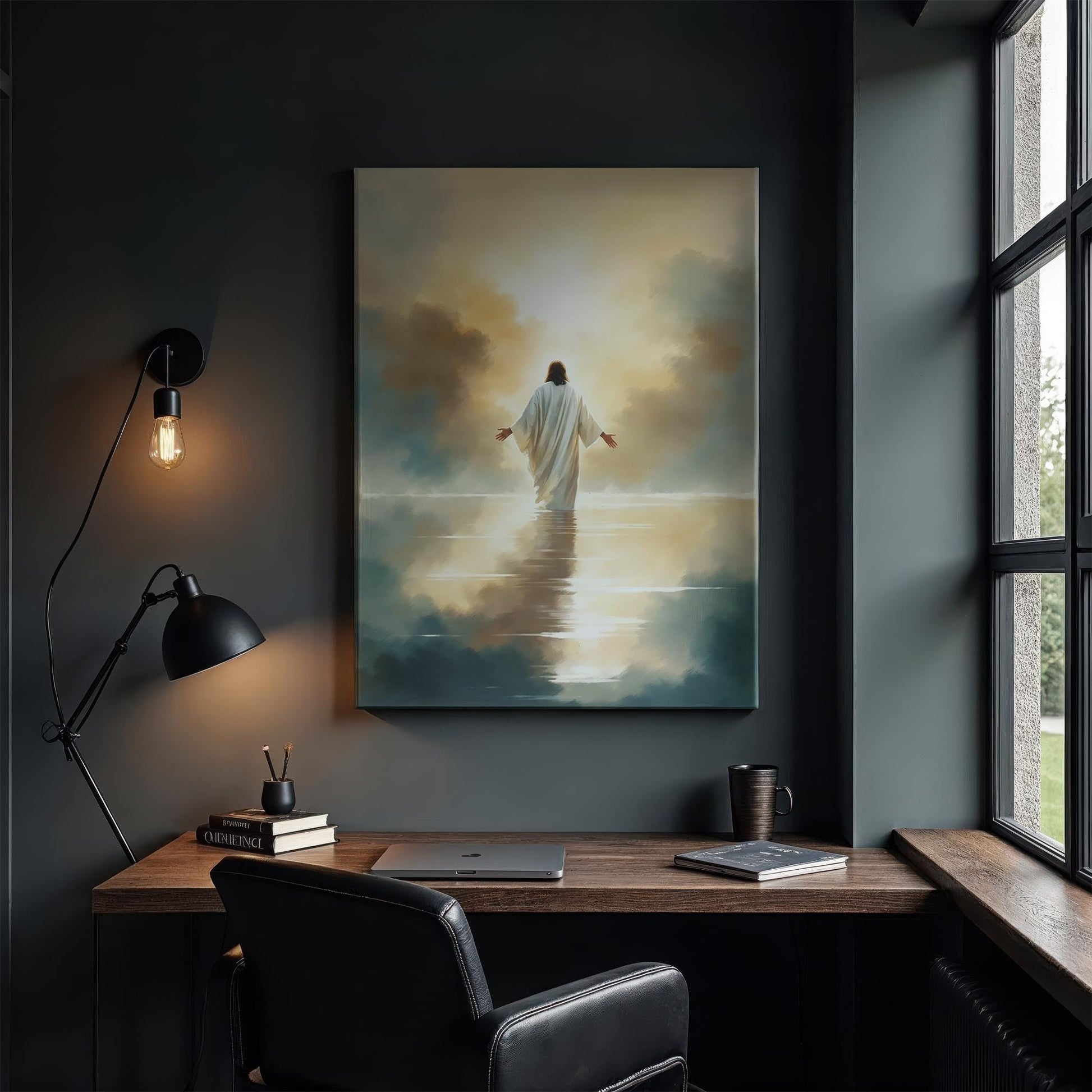 Dark, moody home office with a glowing canvas of Jesus over reflective water, illuminated by a wall sconce. Features a wooden desk, black leather chair, modern desk lamp, and natural light streaming through a large window.