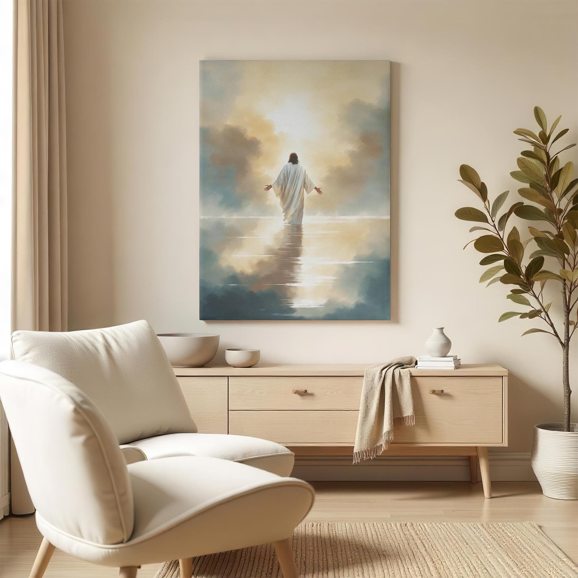 Living room scene featuring a serene canvas of Jesus standing in a glowing light over reflective water, surrounded by soft beige tones, modern furniture, a light wood console, and a tall plant on the right, creating a peaceful and spiritual vibe.