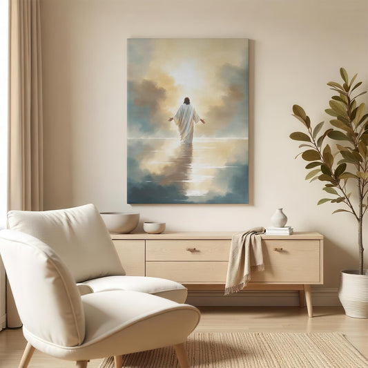 Living room scene featuring a serene canvas of Jesus standing in a glowing light over reflective water, surrounded by soft beige tones, modern furniture, a light wood console, and a tall plant on the right, creating a peaceful and spiritual vibe.