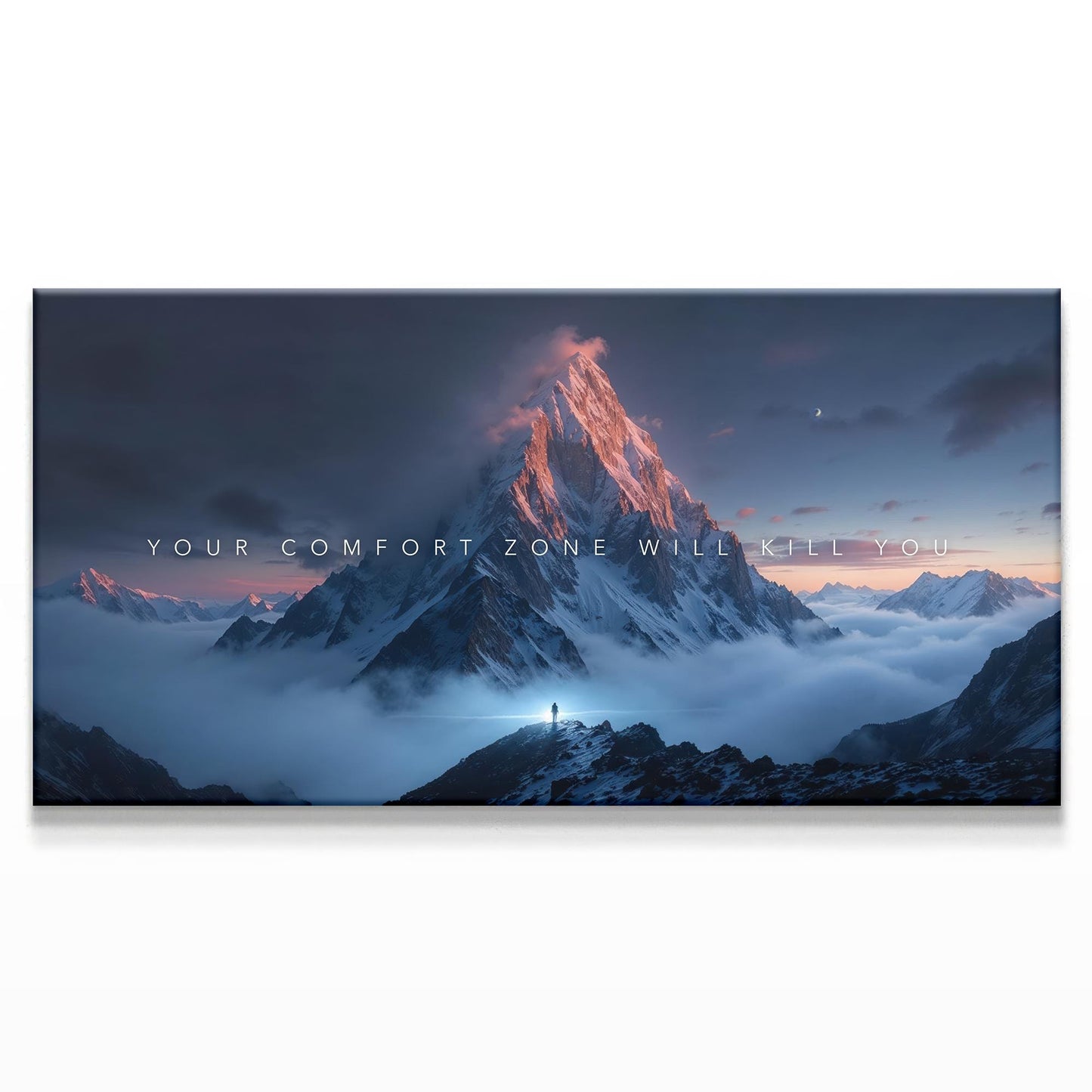 Close-up of a mountain canvas with the words &quot;Your Comfort Zone Will Kill You&quot; on a large 60&quot;x30&quot; mockup.