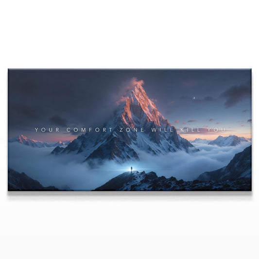 Close-up of a mountain canvas with the words &quot;Your Comfort Zone Will Kill You&quot; on a large 60&quot;x30&quot; mockup.