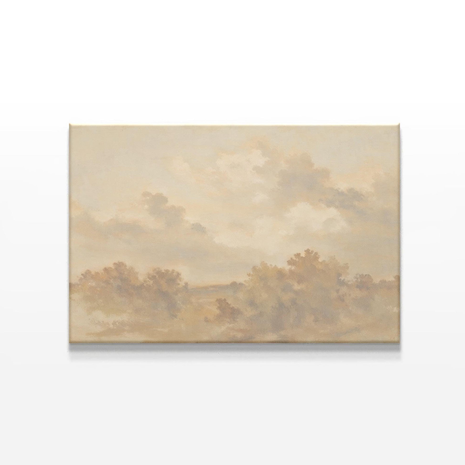 Neutral landscape canvas with soft earth tones and a vintage-inspired cloudy sky. A minimalist wall art piece perfect for modern, rustic, or classic interiors.