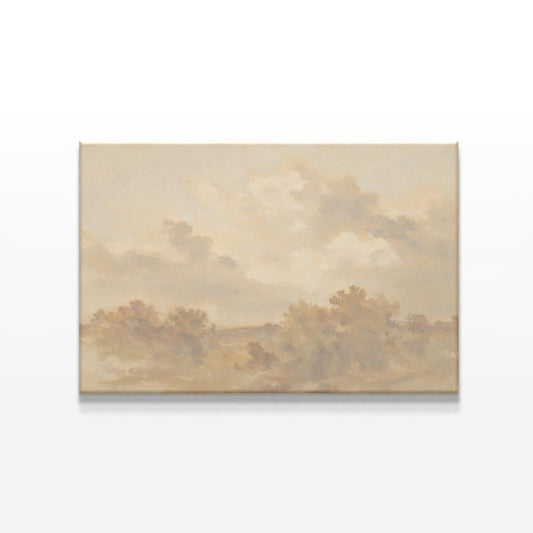 Neutral landscape canvas with soft earth tones and a vintage-inspired cloudy sky. A minimalist wall art piece perfect for modern, rustic, or classic interiors.