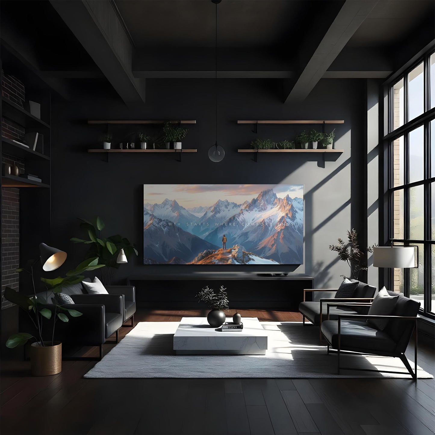 A spacious industrial-style living room with large windows, a white and black minimalist coffee table, and cozy seating. The mountain landscape canvas on the wall adds a sense of awe, contrasting with the dark modern decor.